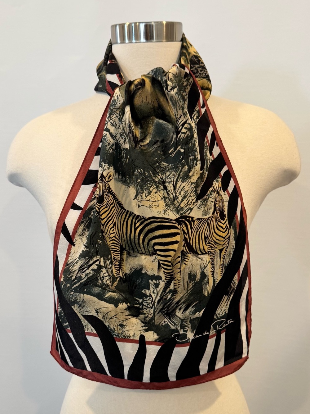 Oscar de la Renta Silk Safari Print Zebra Elephant Lion Vintage 90s Scarf 52x11